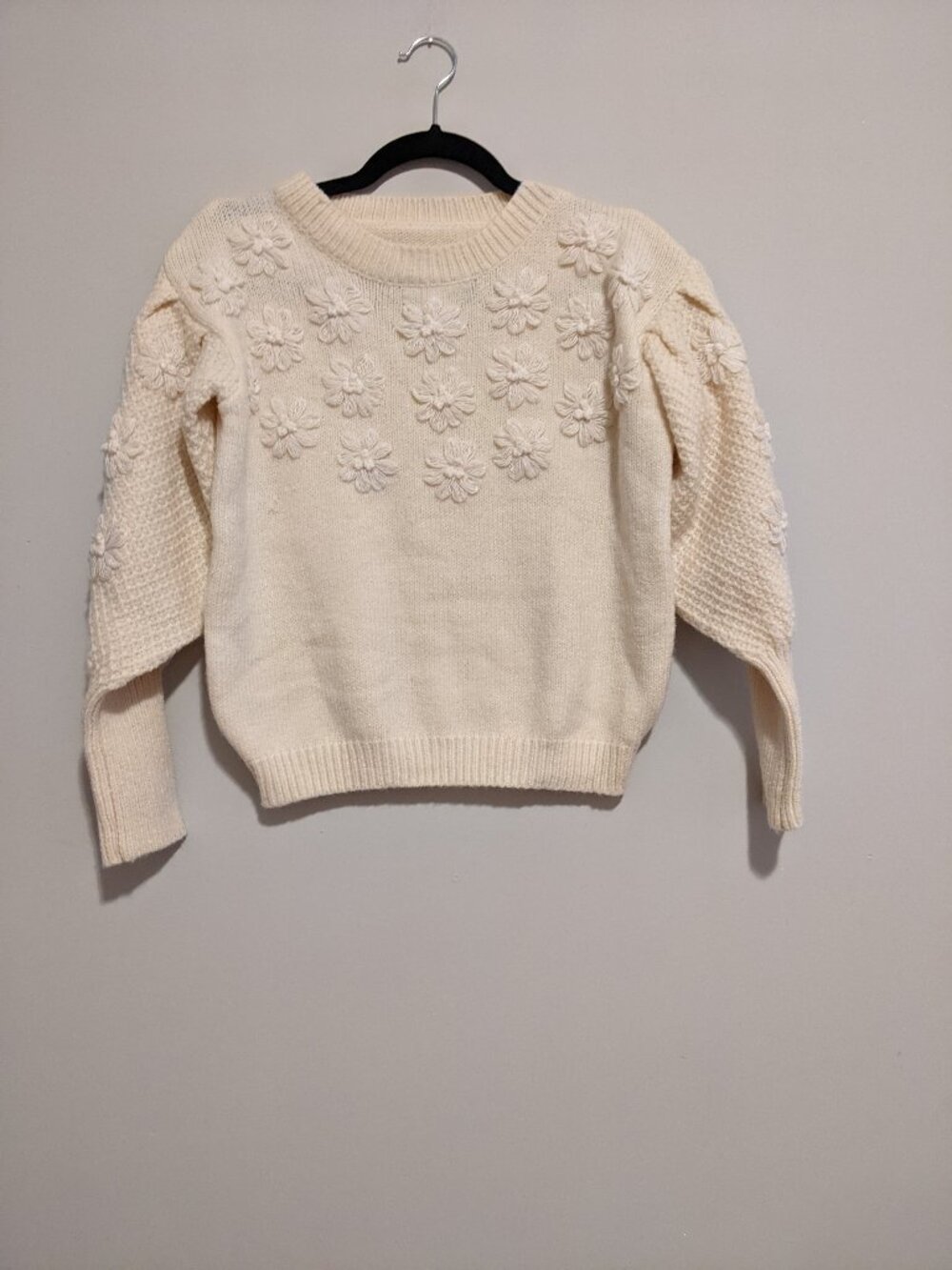 Chicwish Flowers Stitched Puff Sleeve Knit Sweater Cream S–M